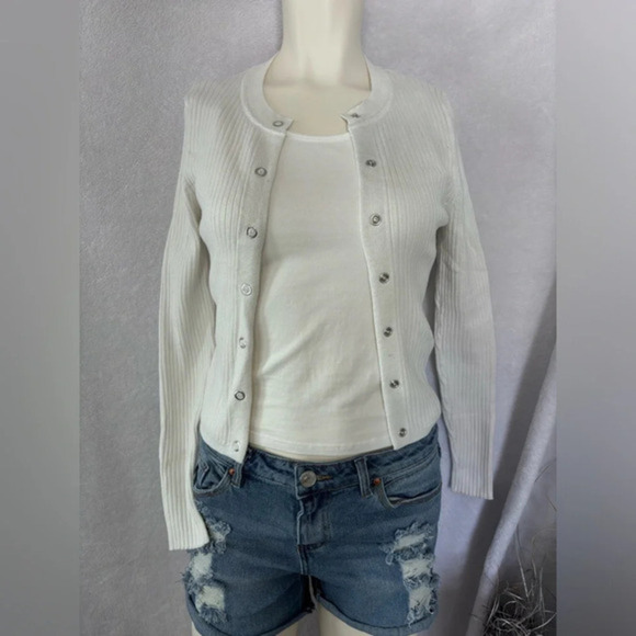 Ribbed Knit Cardigan Button Down Long Sleeve Basic White Casual Top - Picture 2 of 4